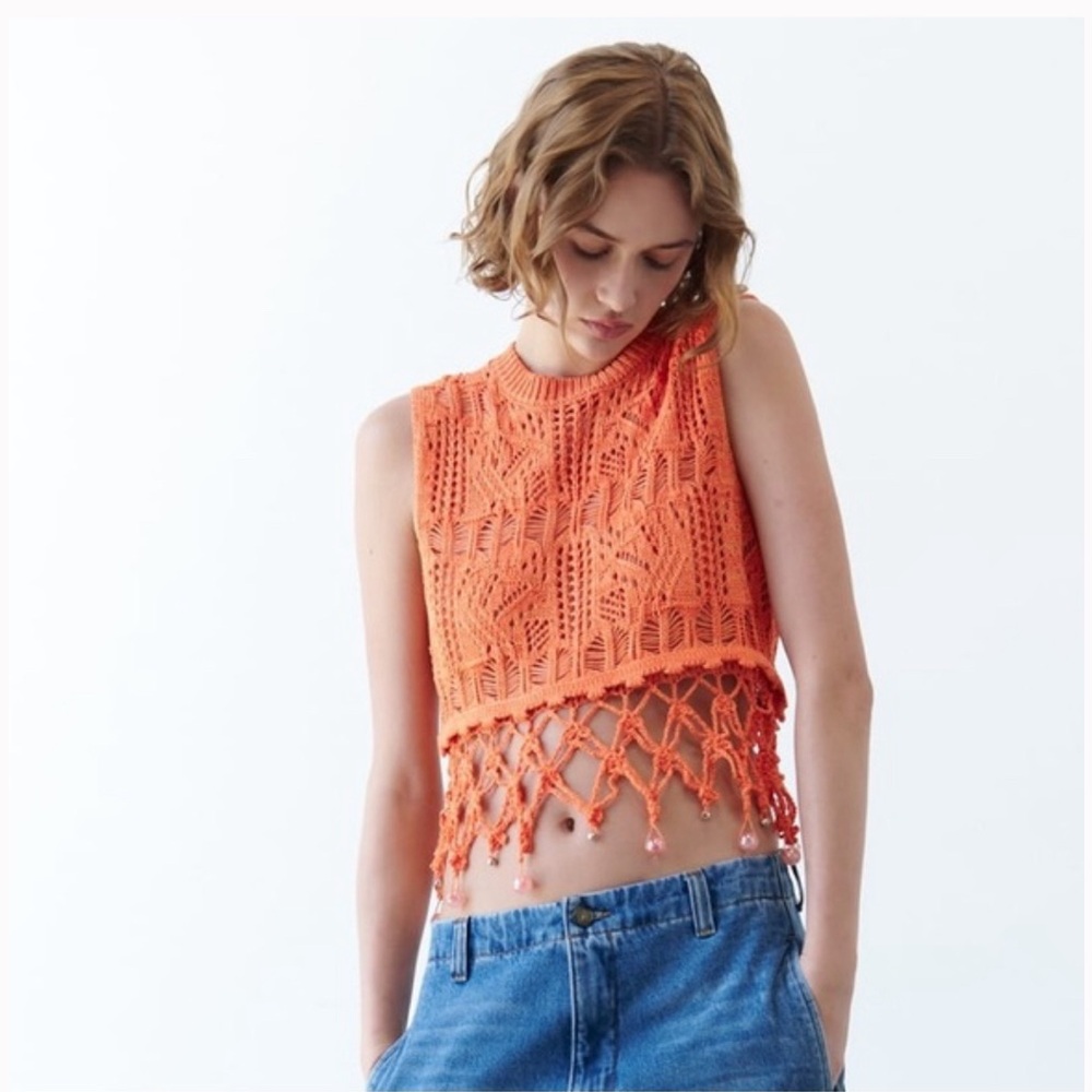 Zara Beaded Crochet Knit Top NWT